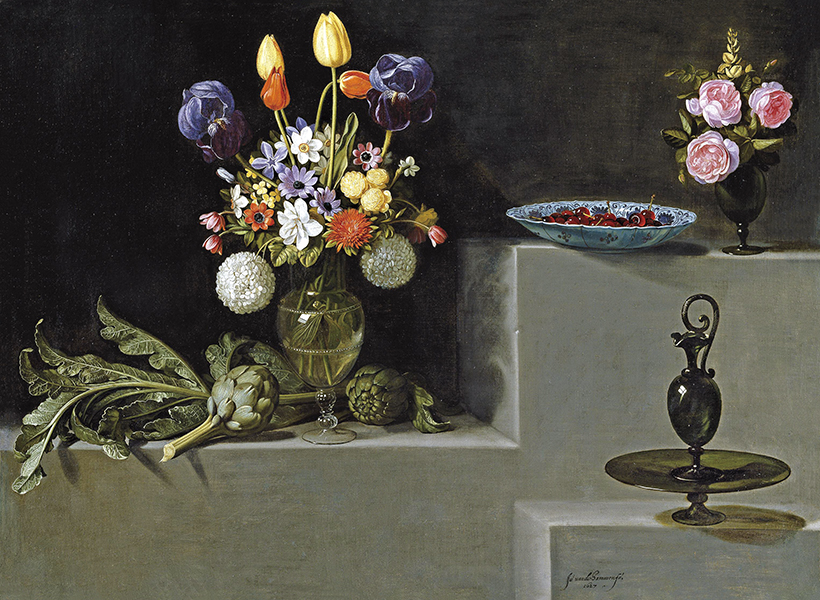 Still Life with Artichokes, Flowers and Glass Vessels